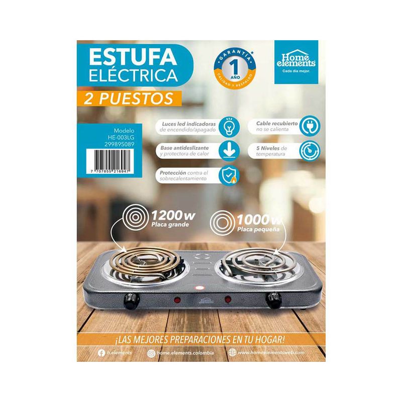 Estufa Electrica 2 Puestos Negra HE-003LN Home Elements - Distrihogar