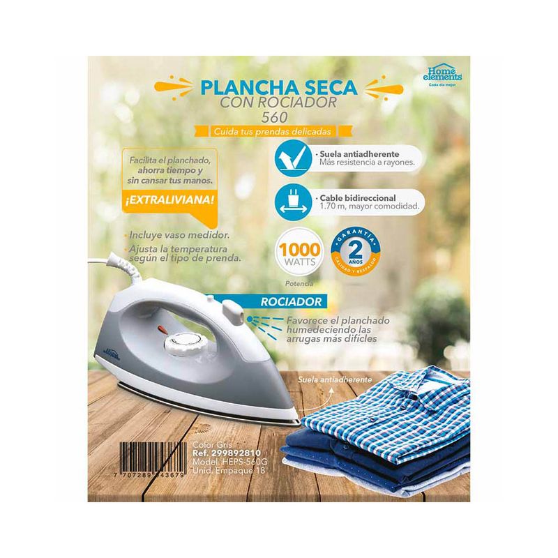 Plancha-seca-HEPS560G-Home-Elements-gris-y-blanco-liviana-con-suela-antiadherente-y-control-de-temperatura.