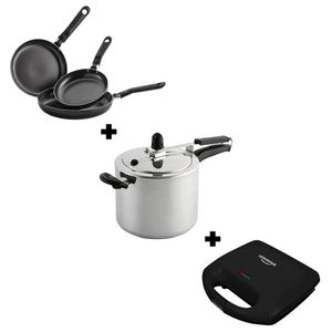 Combo Olla Presion 6 Litros + Sarten Antiadherente  Set x3 + Sanduchera Sonrisa Esencial Universal