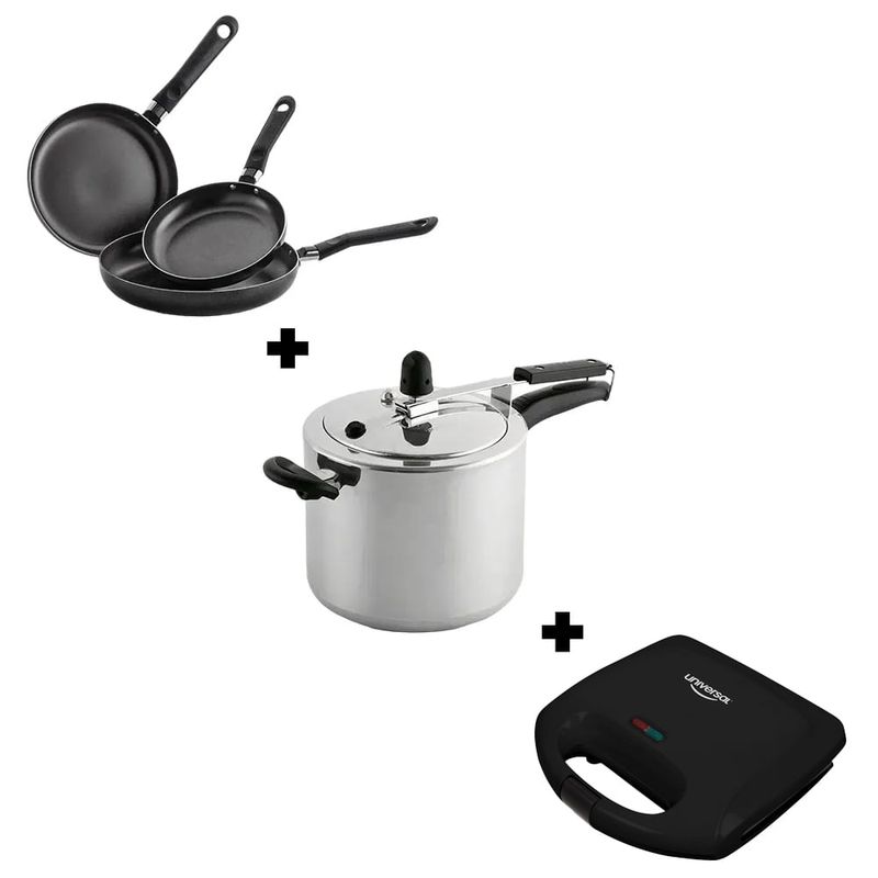 Combo-olla-presion-6-lts-Universal---sarten-antiadherente--set-x3---sanduchera-sonrisa-esencial