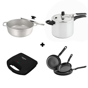 Combo Universal Olla Presion 6 Litros + Caldero Aluminio 24 cm + Sarten Antiadherente Set x3 + Sanduchera Sonrisa Esencial