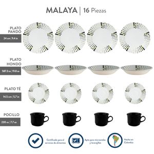 Vajilla 4 puestos 16 piezas malaya Blanco y Negro Vajillas corona