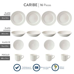 Vajilla 4 puestos 16 piezas caribe Blanco Vajillas corona